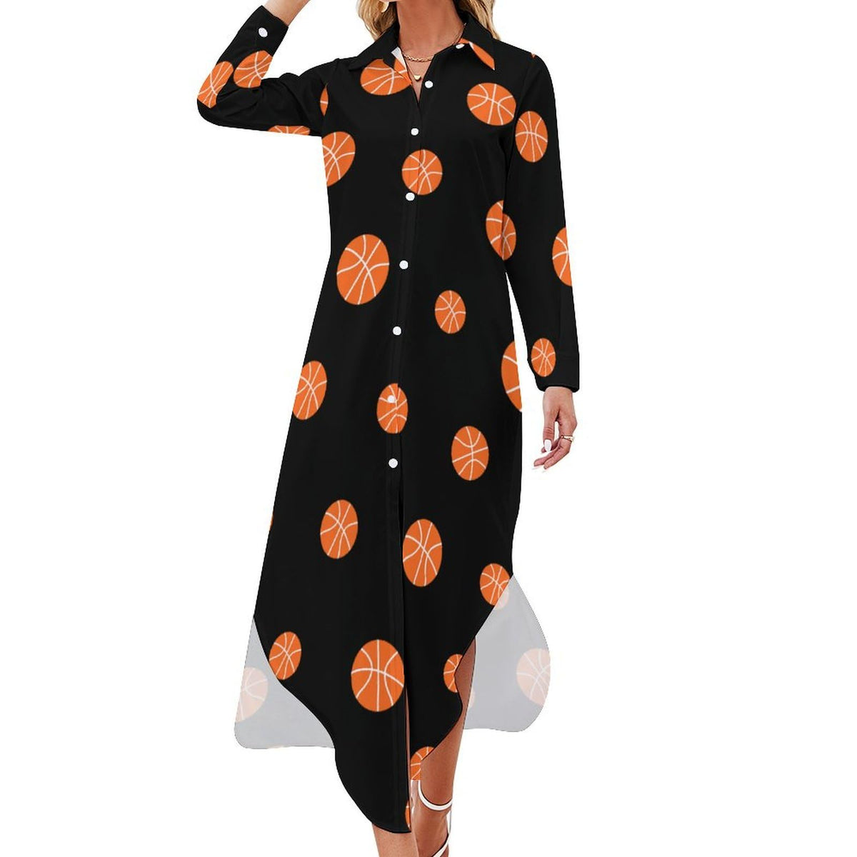 Robe-chemise fantaisie pour femme, motif basketball, boutonnée, manches longues, fendue, maxi