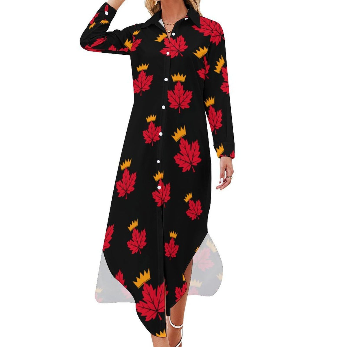 Robe-chemise tendance Canada Maple Crowed pour femme, boutonnée, manches longues, maxi, robe d'été