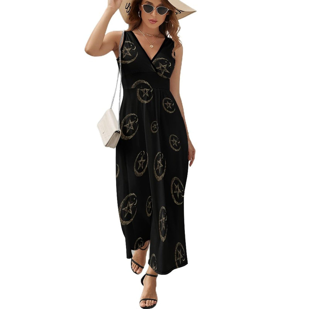 Robe longue sans manches à imprimé vintage païen avec symbole de lune Wicca, col en V, style décontracté.
