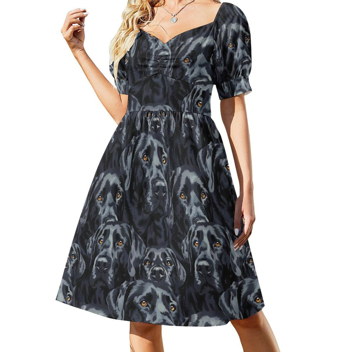Robe d'été fantaisie pour femme, manches courtes, col en V, motif labrador noir
