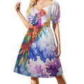 Robe d'été à manches courtes et col en V pour femme, motif phénix coloré, style bohème chic.